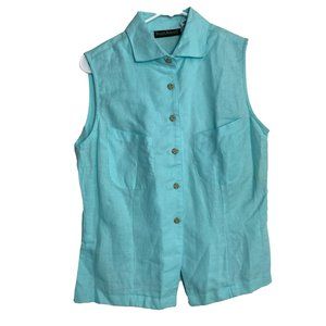 Harve Bernard Womens Top Blouse Sleeveless Linen Blend Button Front Green